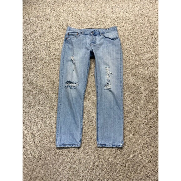 Levi's 501 Mid Rise Button Fly Distressed Slim Straight Ankle Light Wash 30 - Picture 1 of 7